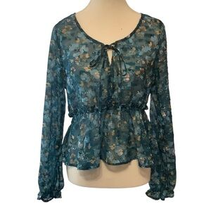 SADIE & SAGE BLUE FLORAL SHEER LONG SLEEVE BABY DOLL BLOUSE/ Size M